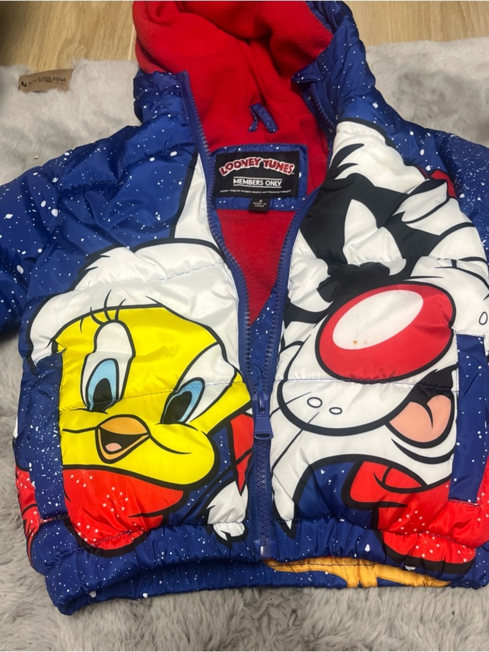 Disney Looney Tunes Blue Red Yellow Kids Puffer Jacket